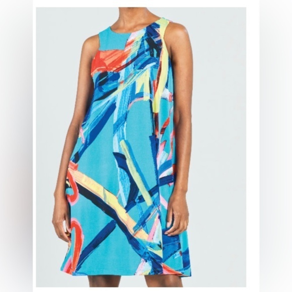 Clara Sun Woo Turquoise Ribbon Print Sleeveless Swing Dress Size Small Blue/Red